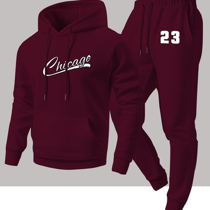 Cross-Border Autumn and Winter Men's Fashion Casual Two-Piece Set, Chicago Heat-Printed Hooded Sweatshirt and Sweatpants Set