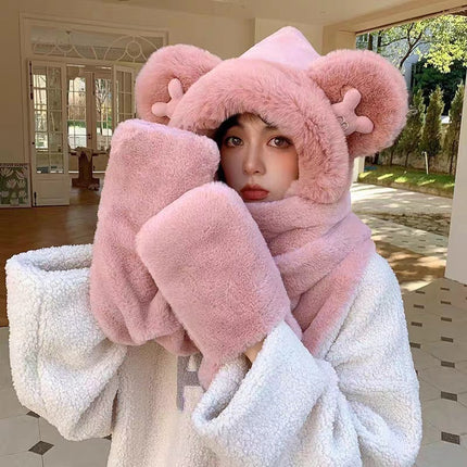 Winter Warm Plush Bear Hat, Scarf, Gloves, Hat, One-Piece Fleece-Lined and Thickeneded Three-Piece Set, Cute and Versatile Scarf