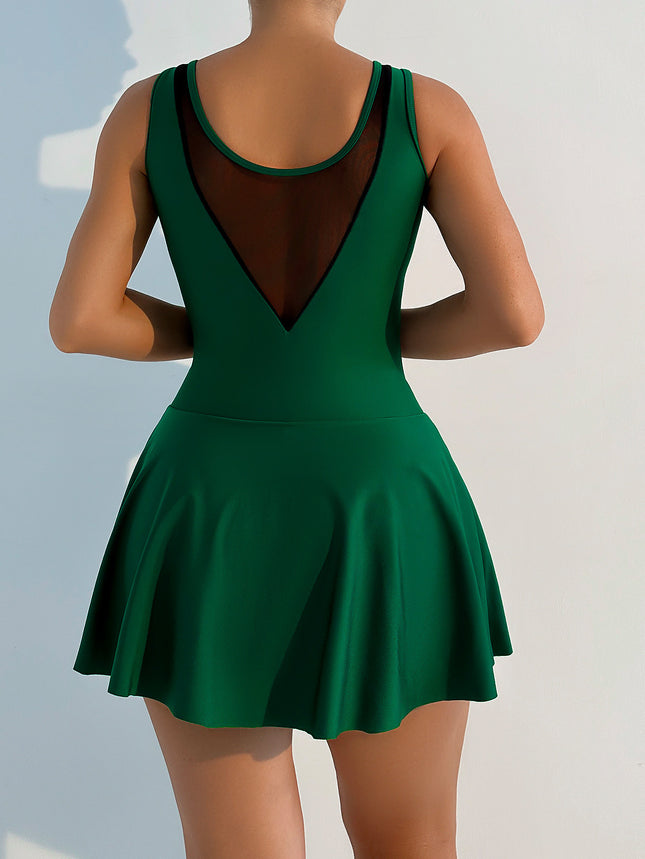 Hollow Sports Swimsuit One-Piece Skirt Style Small Breast Push-Up Conservative Slimming Look Small Fresh Halter Neck Belly-Covering Hot Spring Swimsuit