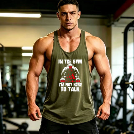 Summer Men's Vest Thin Strap Sports European and American Bodybuilding Fitness T-shirt Printed logo Waistle I-Shoulder Loose Men