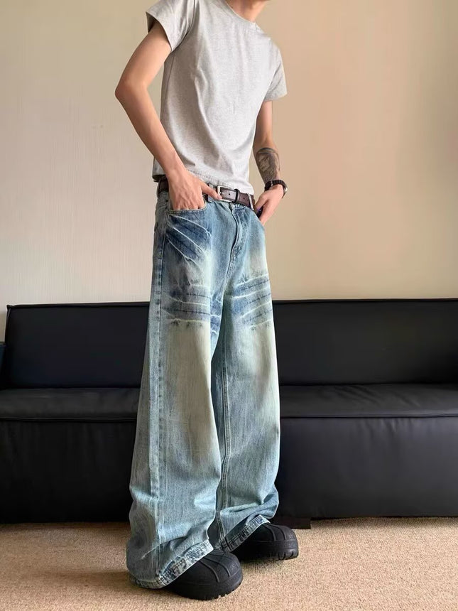 American Vibe High Street Retro Glacier Blue Fashionable Lightning Pattern Jeans Men's Washed Loose Straight Floor-Length Pants