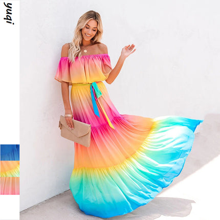 2025 Export New Wish New Printed Long Skirt Dress Amazon Ebay One-Line Collar Cross-Border European and American Dress