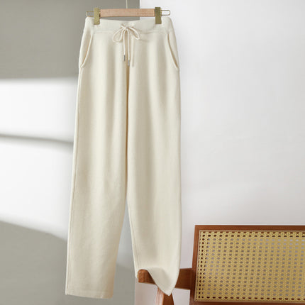 New Pure Wool Leggings Women's Fashion Casual Thickened Knitted Pants Solid Color Lace-up Sesame Dot Outer Pants Trousers