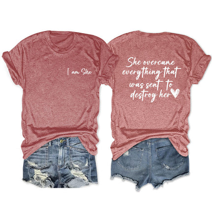 Amazon double-sided printed summer round neck short sleeve she overcame everthing loose all-match T-shirt