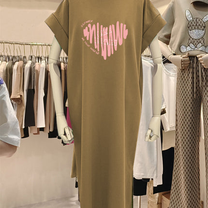 plus size Short-sleeved Cotton Mid-length Dress Women's 2025 Summer New All-match Loose Long Dress Flying Sleeve Split dress