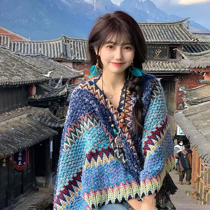 Northwest Ethnic Style Cloak Dual-purpose Air Conditioning Cloak Wool Knitted Handmade Tassel Cloak Xinjiang Travel Cloak