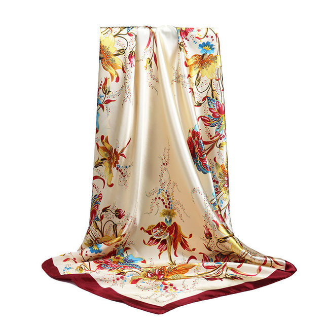 Spring and Autumn New 90 Square Scarf Printing Silk Satin Hangzhou Scarf Square Scarf Shawl Gift Factory Wholesale