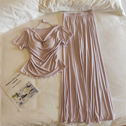 Girls' Pajamas Modal Cotton Short-Sleeved Shorts Summer Lace Women's Three-Piece Casual Home Wear Set with Breast Pads