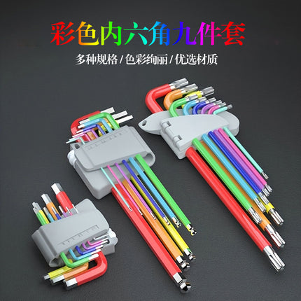 Cross-border Hot Sale Color L-shaped Ball Head Hexagon Screw Wrench Torx 9 Pieces suit Flat Head Ball Head Hexagon