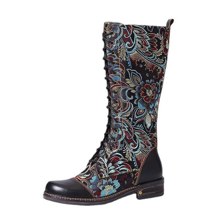 2025 Export New Style Side Zipper Boots Autumn and Winter Retro Flats Embroidered Boots Embroidered Low Heel Knight Boots High Tube Women