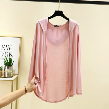Modal Hooded Cardigan Women's Summer 2025 Thin Long-sleeved Air-conditioning Shirt Loose Sun-protective Clothing Solid Color Top Jacket