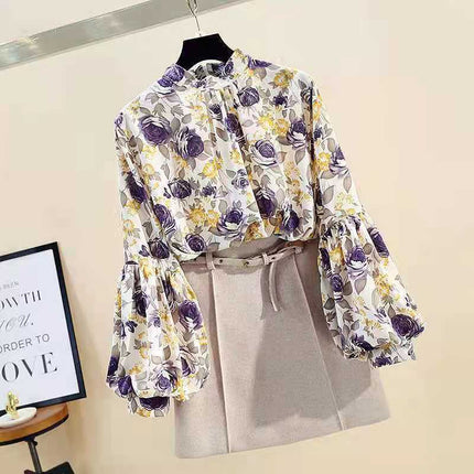 Spring New Fashion Floral Silk Shirt Women's Design Sense Niche Chiffon Lantern Sleeve Shirt Lace Shirt, Snow