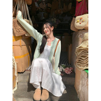 Fresh Honeydew Green Long-Sleeved Knitted Cardigan for Women 2025 Early Spring New Elegant Versatile Round Neck Top
