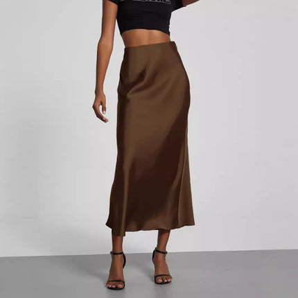 Cross-border women's clothing wholesale European and American style fashion temperament satin texture skirt Joker solid color glossy mid-length skirt