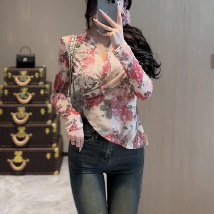 Korean Style Asymmetrical Cross-Waist V Neck Floral Shirt for Women Spring and Autum New Slim Slim Short Top Ins