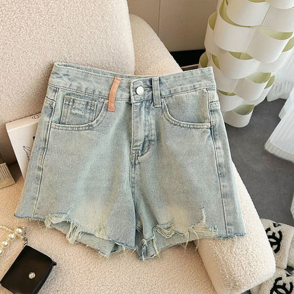 Summer 2023 New High Waist Slimming Design Sense Ripped Wide Leg Denim Shorts Women's Pants All-match Hot Pants