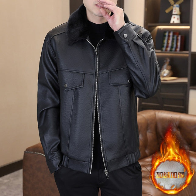 Winter fleece-lined Thickened Jacket Men's High-end Handsome Trendy Biker Clothing Leather Clothing Winter Clothing Warm Cotton Jacket Youth