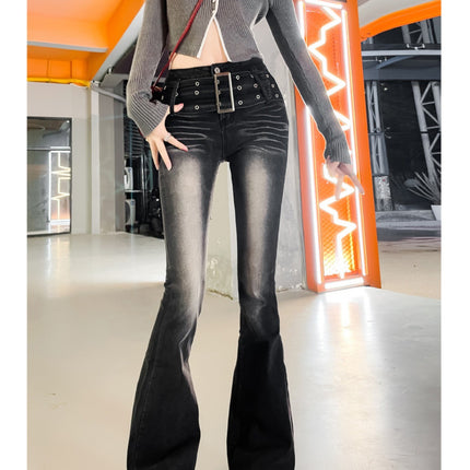Vintage Gradient Flared Jeans for Women, Autumn Design, American Style, High-Waisted, Stretchy, Slim-Fit, Floor-Length Pants