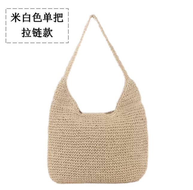 New Single-Shoulder Solid Color Straw Bag, Hand-Woven Bag, Large-Capacity Tote Bag, Vacation Beach Bag, Casual Women's Bag