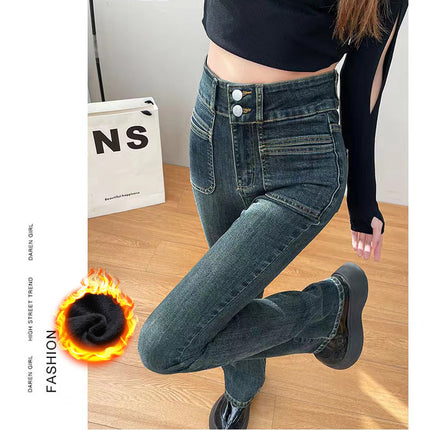 Fleece-lined thick skinny jeans for women 2023 autumn and winter New High waist slim slimming tall mop women's pants