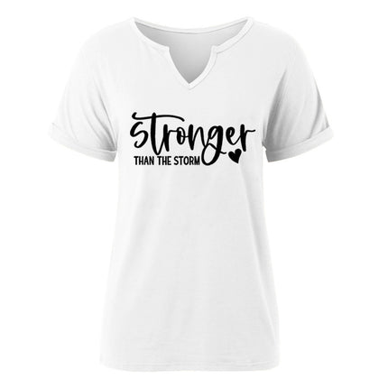 Amazon Cross-Border Spring and Summer New Product V-Neck Rolled Sleeves Stronger Than the Storm Letter Print