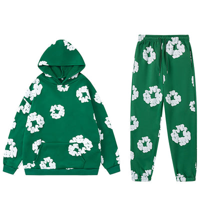 Cross-border Flower Printed Trendy Brand Same Style Hooded Sweater European and American Loose Hoodie Men's and Women's Sweater suit Men's Trendy Brand