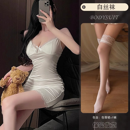 Sexy Lace Hip-Hugging Skirt, Hot Girl, Royal Sister, Fun Suspender Skirt, Pure Lust Style, Sexy Temptation Pajamas with Breast Pads Qqny