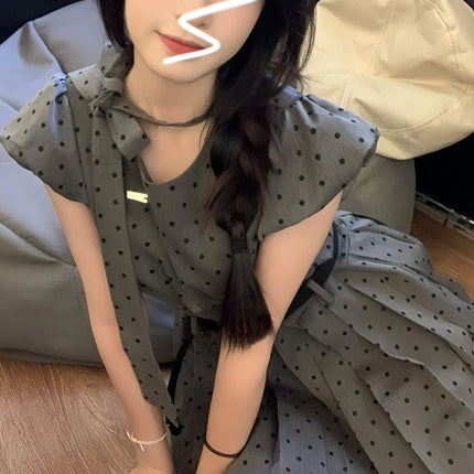 French Gray Wave Dot Small Flying Sleeve dress Children's Summer 2025 New Style Small Sweet A- line Skirt