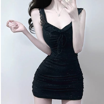Black, Beautiful, Light, Luxurious and High-End, Figure-Showing Suspender Skirt, Sexy Little Flying Sleeves, Tight-Fitting Hip-Hugging Dress