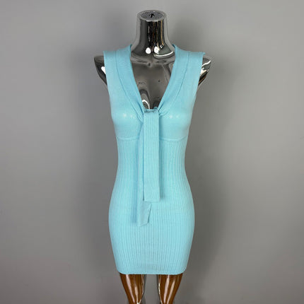 South Korea's Dongdaemun Slimming Look, Sexy and Feminine Figure-Showing Ribbon Sleeveless Hip-Covering Knitted Dress