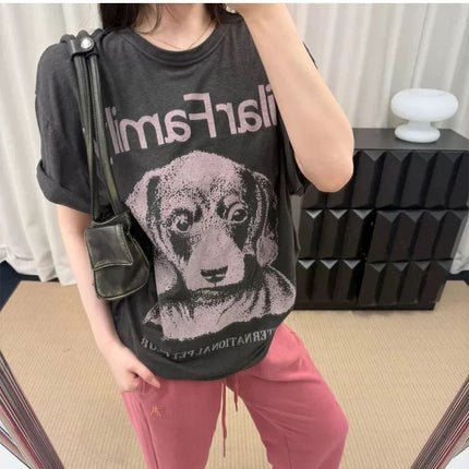 Spot Korean Niche 25 Summer New Style American Retro Lazy Style Loose Dog Print Round Neck Short-Sleeved T-Shirt