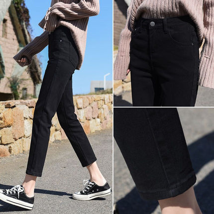 2024 Autumn and Winter Velvet Pure Color Off-White Narrow Straight Jeans for Women High Waist Loose Outer Wear Cigarette Pipe Pants