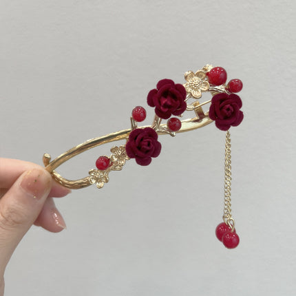 Red flocking plum blossom hair buckle clip headdress female summer tassel one-word hairpin back head hairpin hair clip