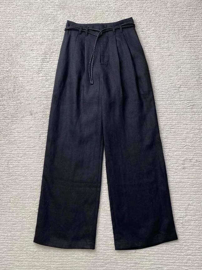 CHAO FIRE recommend! Old money wind relaxation feeling ~ black linen wide leg pants women's drawstring strap casual mop pants