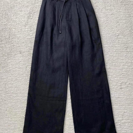 CHAO FIRE recommend! Old money wind relaxation feeling ~ black linen wide leg pants women's drawstring strap casual mop pants