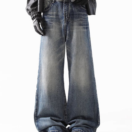 American Style Retro Old Washed Jeans Men's cleanfit Puppies Handsome Lightning Pattern Micro Straight Tube High Street Pants