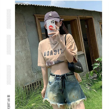 American Retro Raw Edge Denim Shorts 2025 Summer Hot Girl New Design High Waist Slimming Wide Hot Pants