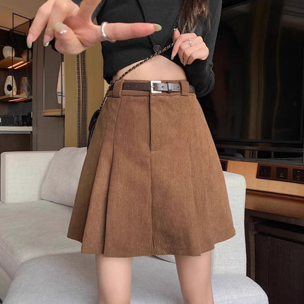 High Waist A- Line Corduroy Short Skirt Women's Autumn and Winter brown Anti-Light Pleated Skirt Skirt plus size Niche Age-Reducing Skirt