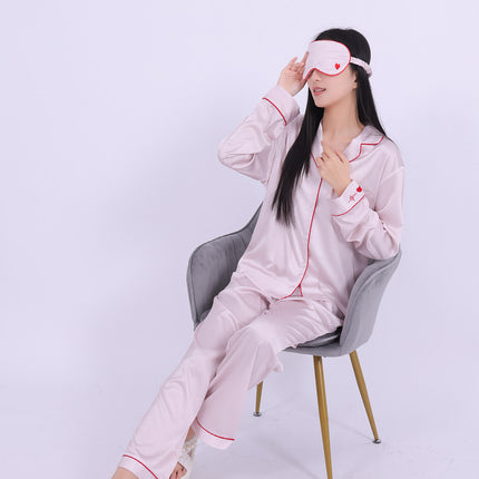 Factory in stock Spring and Summer Cool Ice Silk Pajamas Women Pink Embroidered Simple plus size Long Sleeve Home Wear suit
