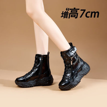 High-Top White Shoes 2025 Spring New Platform Thick-Soled Women's Shoes Versatile Leather Sports Shoes Fashionable Casual Short Boots