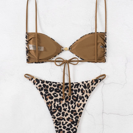 2025 European and American New Leopard Print Swimsuit Women's Three-point Lace-up Neck Sexy Tight Bikini Split Swimsuit