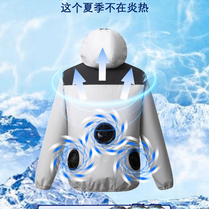 Summer New Three-Hole Fan Air-Conditioning Clothing Outdoor Cooling Sun Protection Hooded Shirt Stand Collar Jacket Work Clothes