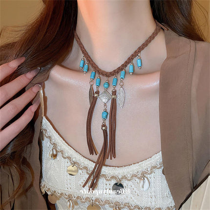 European and American Bohemian Retro Ethnic Style Clavicle Chain Turquoise Feather Tassel Winding Arm Chain Hand-woven Accessories