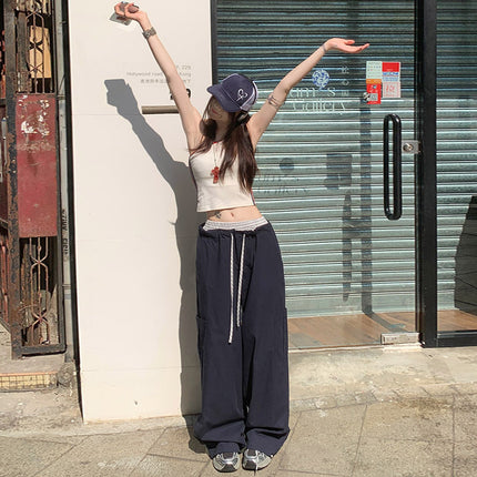 Korean Style Casual Style 2025 Spring and Summer New Plaid Stitching Double Waist Drawstring Pocket Loose Wide Leg Casual Pants for Women