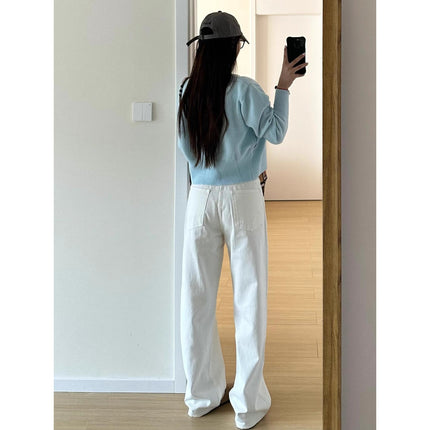 2025 New White High-Waisted Wide-Leg Jeans for Women Summer Casual Loose Slimming Straight Drape Floor-Length Pants