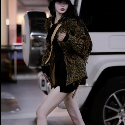 2025 Spring and Autumn New Leopard Print Cool and Scrub Long Sleeve Jacket Coat Women's Lasel Casual Loose Cardigan Top