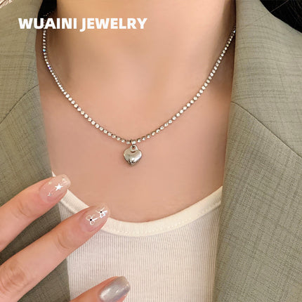 Japanese and Korean Super Flash Zircon Heart Necklace for Women Ins Cool Style Niche Design Clavicle Chain Titanium Steel Electroplated 18K Gold