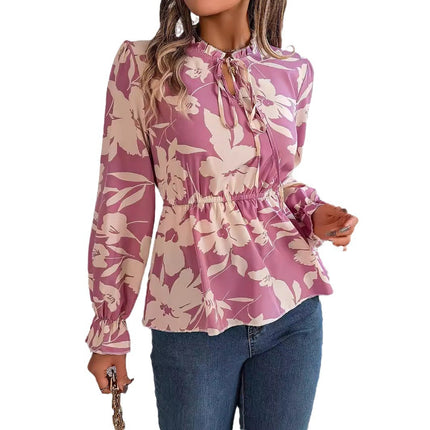 Real Shot of the 2026 Spring/Summer New Casual Floral Lace-Up Long-Sleeve Chiffon Blouse Amazon Cross-Border Women's Clothing