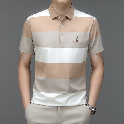 Mingdi Mouse Men's Summer New Pure Cotton Short-sleeved Men's T-shirt Striped Casual Lapel Large Size Men's Polo Shirt