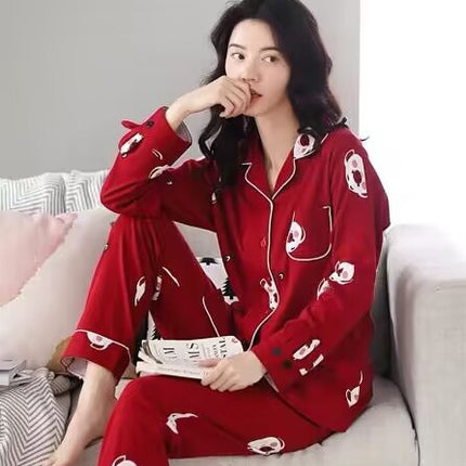 Double Pocket M-4XL100 Pure Cotton Extra Large Size Pajamas Women's Spring and Autumn Long Sleeve Moon Clothing Home Suit
